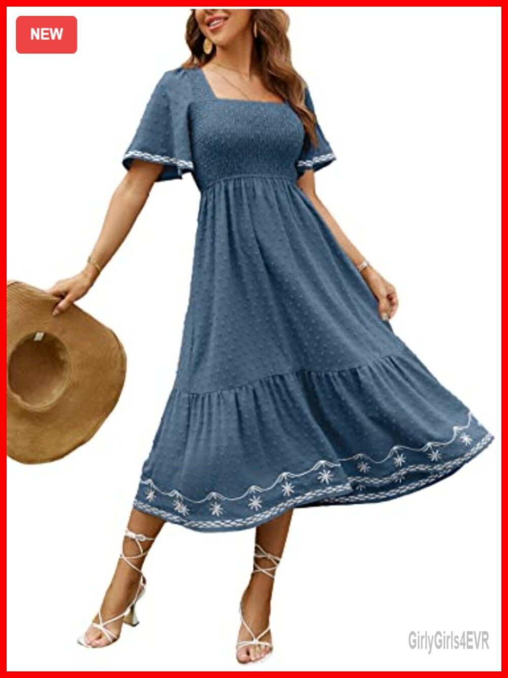 Short Sleeve Smocked Square Neck A Line Flowy Maxi Dress